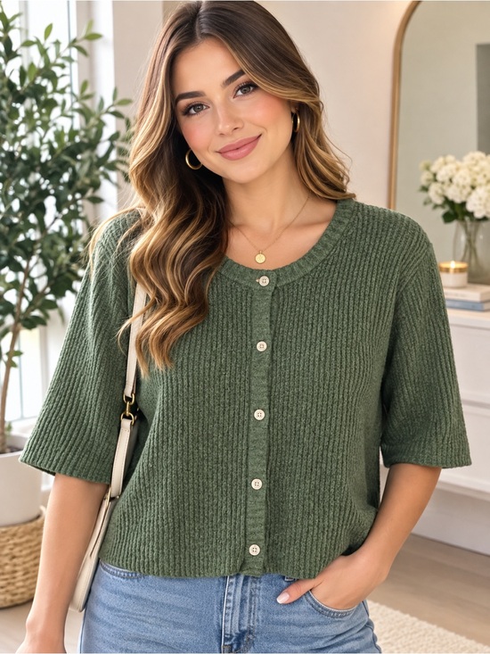 aerie Sweaters - aerie Olive Green Ribbed Button-Up Short Sleeve Cardigan